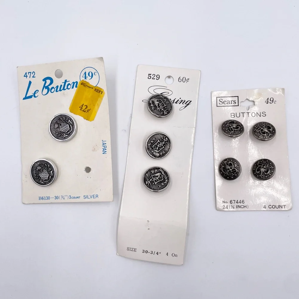 Vintage Set of 9 Buttons Royal Crown Crest Pewter Silver Multipack Lansing Sears